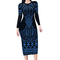 Kikorangi Maori Ta Moko Poutama Art Family Matching Long Sleeve Bodycon Dress and Hawaiian Shirt