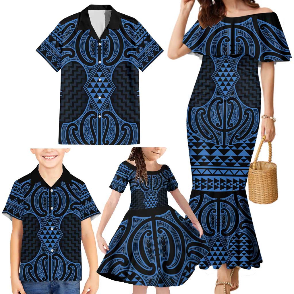 Kikorangi Maori Ta Moko Poutama Art Family Matching Mermaid Dress and Hawaiian Shirt