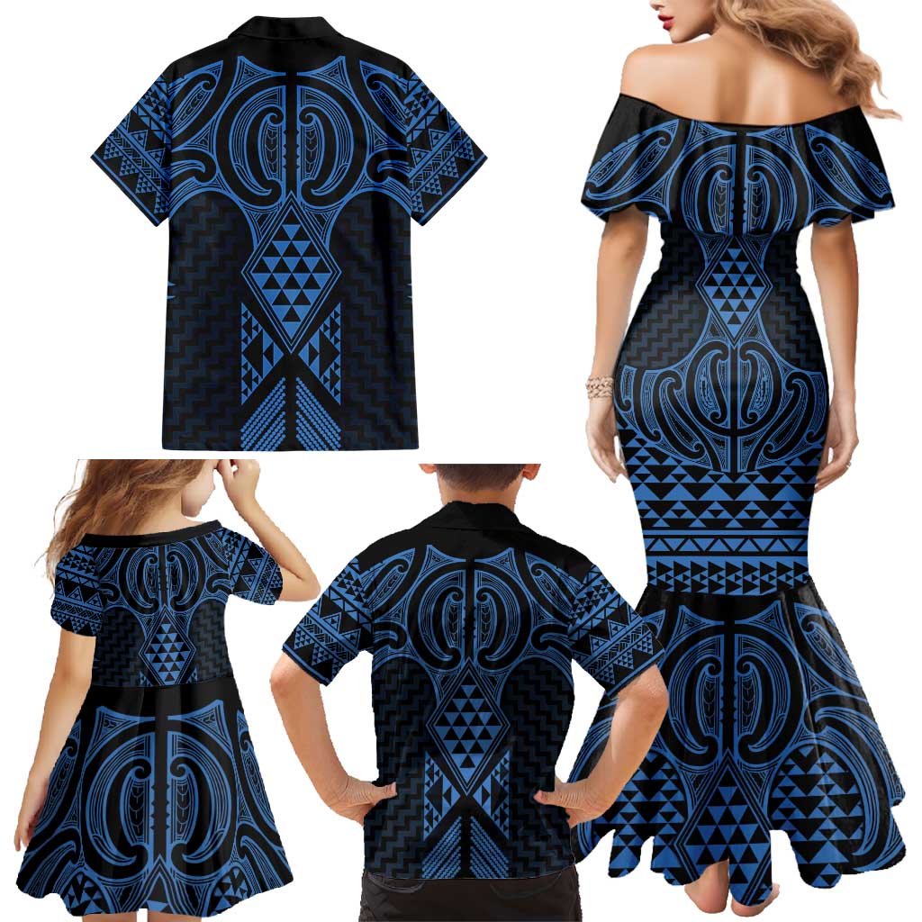Kikorangi Maori Ta Moko Poutama Art Family Matching Mermaid Dress and Hawaiian Shirt