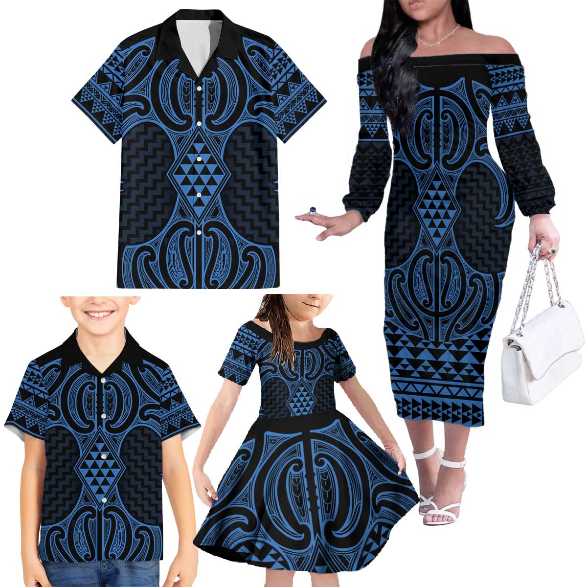 Kikorangi Maori Ta Moko Poutama Art Family Matching Off The Shoulder Long Sleeve Dress and Hawaiian Shirt