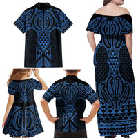 Kikorangi Maori Ta Moko Poutama Art Family Matching Off Shoulder Maxi Dress and Hawaiian Shirt