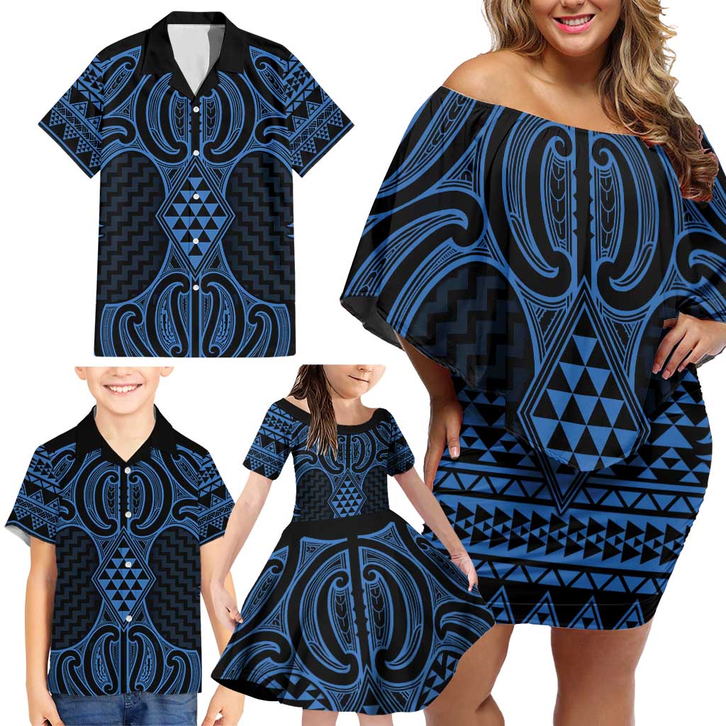Kikorangi Maori Ta Moko Poutama Art Family Matching Off Shoulder Short Dress and Hawaiian Shirt