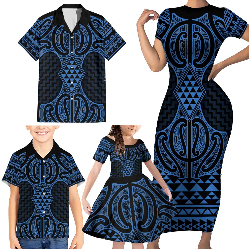 Kikorangi Maori Ta Moko Poutama Art Family Matching Short Sleeve Bodycon Dress and Hawaiian Shirt