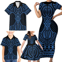 Kikorangi Maori Ta Moko Poutama Art Family Matching Short Sleeve Bodycon Dress and Hawaiian Shirt