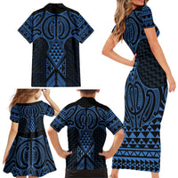 Kikorangi Maori Ta Moko Poutama Art Family Matching Short Sleeve Bodycon Dress and Hawaiian Shirt