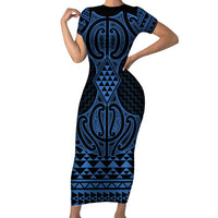 Kikorangi Maori Ta Moko Poutama Art Family Matching Short Sleeve Bodycon Dress and Hawaiian Shirt