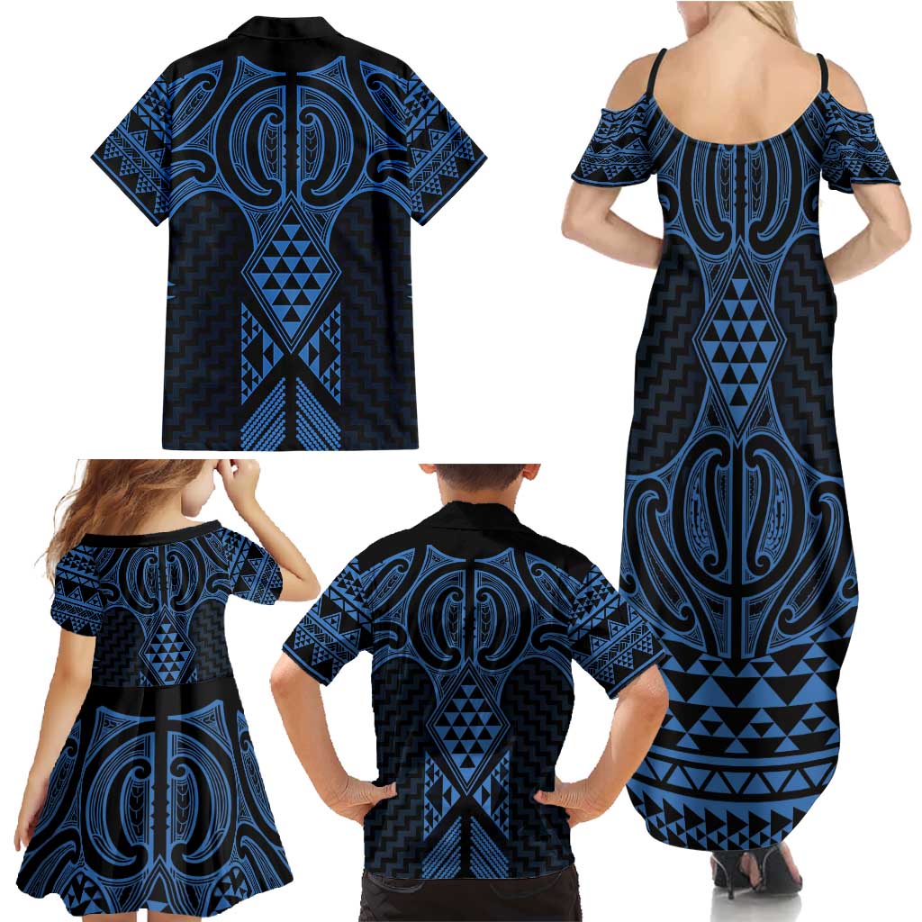 Kikorangi Maori Ta Moko Poutama Art Family Matching Summer Maxi Dress and Hawaiian Shirt