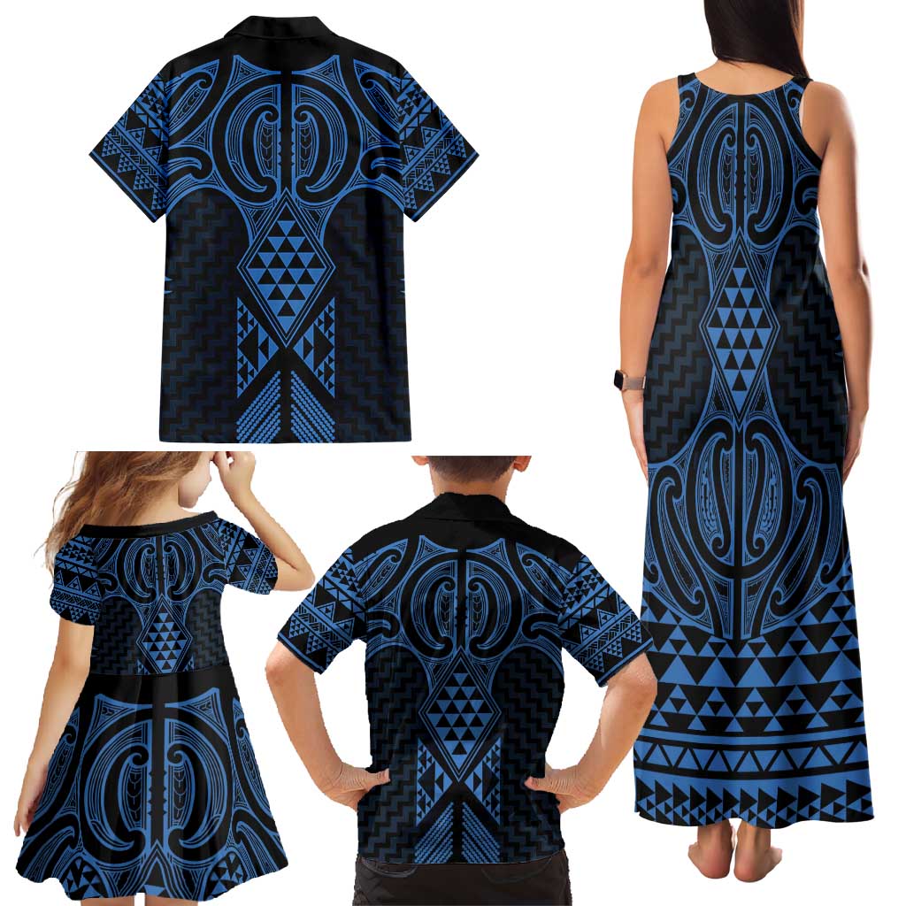 Kikorangi Maori Ta Moko Poutama Art Family Matching Tank Maxi Dress and Hawaiian Shirt