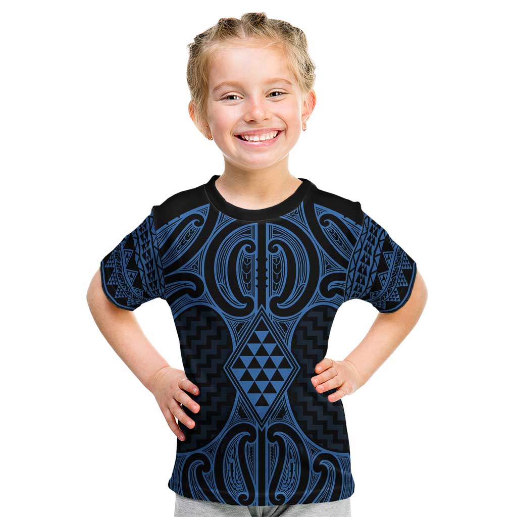 Kikorangi Maori Ta Moko Poutama Art Kid T Shirt LT9 Blue - Polynesian Pride