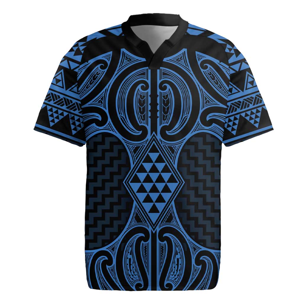 Kikorangi Maori Ta Moko Poutama Art Rugby Jersey LT9 Blue - Polynesian Pride