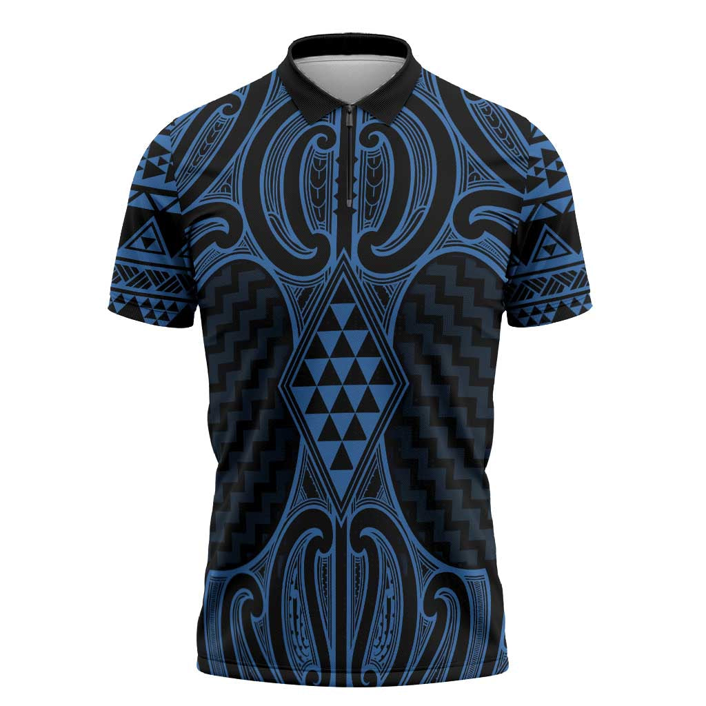 Kikorangi Maori Ta Moko Poutama Art Zipper Polo Shirt - Polynesian Pride