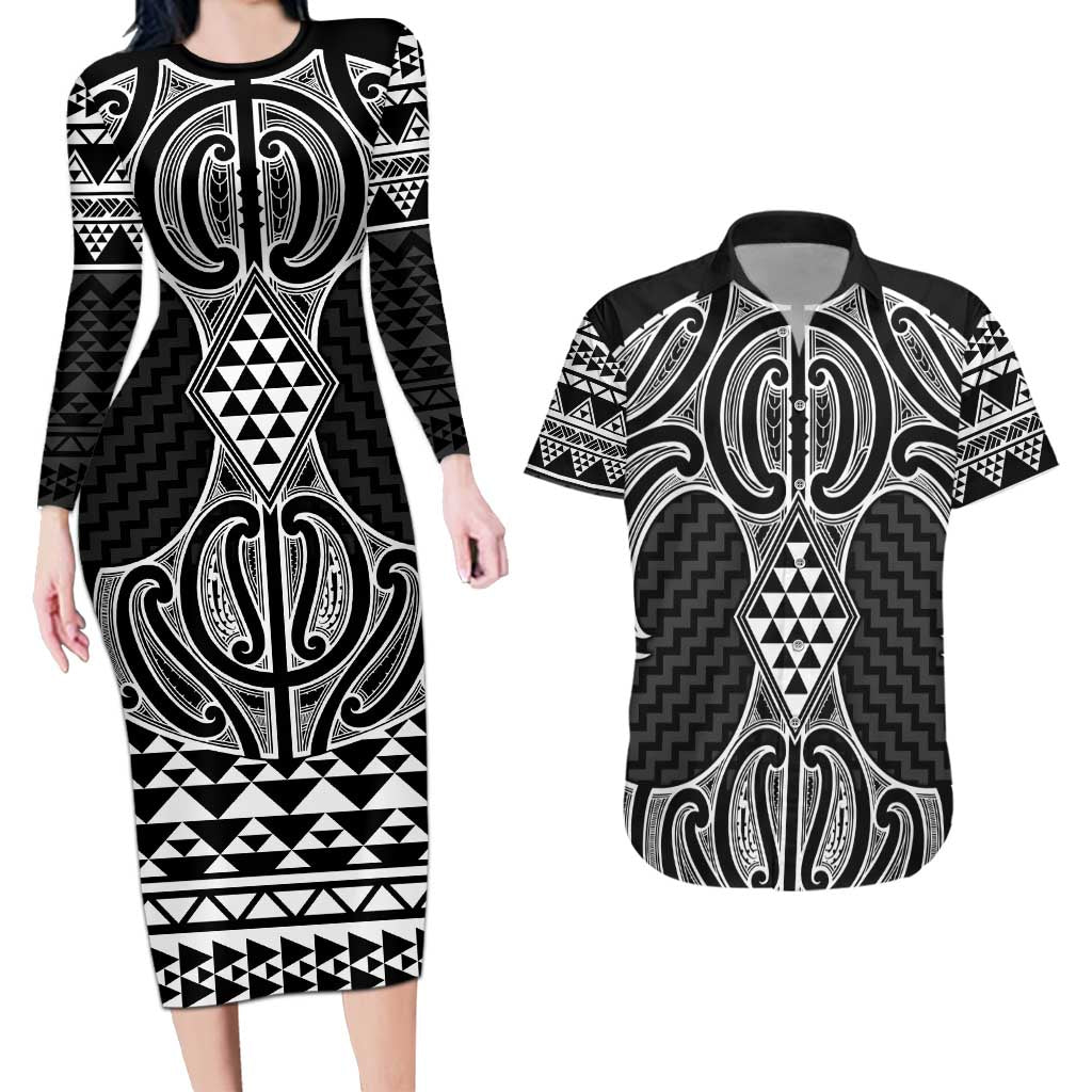 Ma Maori Ta Moko Poutama Art Couples Matching Long Sleeve Bodycon Dress and Hawaiian Shirt LT9 White - Polynesian Pride
