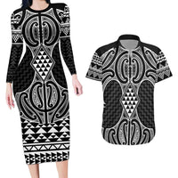 Ma Maori Ta Moko Poutama Art Couples Matching Long Sleeve Bodycon Dress and Hawaiian Shirt LT9 White - Polynesian Pride