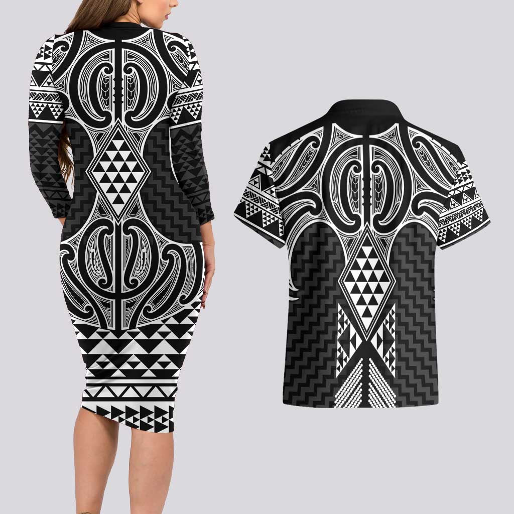 Ma Maori Ta Moko Poutama Art Couples Matching Long Sleeve Bodycon Dress and Hawaiian Shirt LT9 - Polynesian Pride