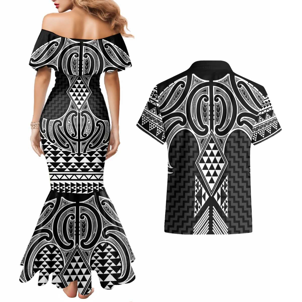 Ma Maori Ta Moko Poutama Art Couples Matching Mermaid Dress and Hawaiian Shirt LT9 - Polynesian Pride