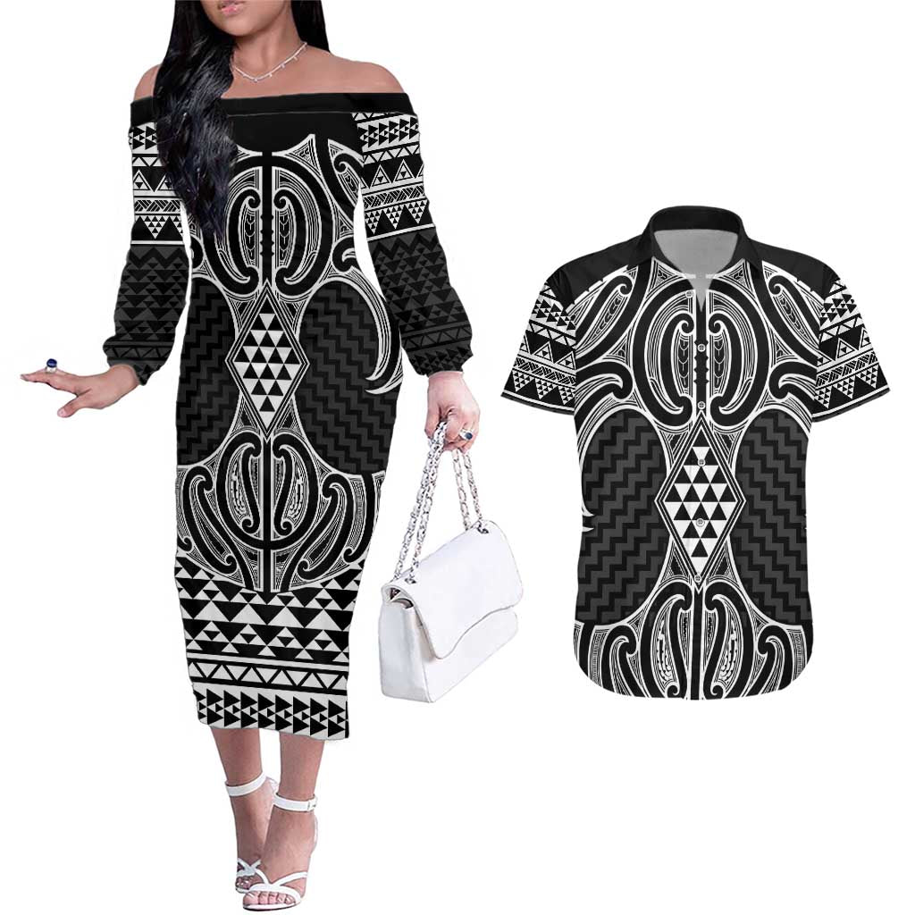 Ma Maori Ta Moko Poutama Art Couples Matching Off The Shoulder Long Sleeve Dress and Hawaiian Shirt