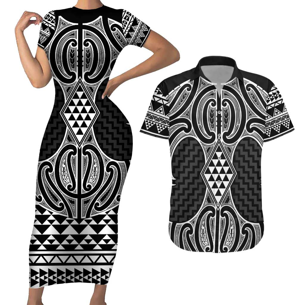 Ma Maori Ta Moko Poutama Art Couples Matching Short Sleeve Bodycon Dress and Hawaiian Shirt LT9 White - Polynesian Pride