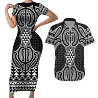 Ma Maori Ta Moko Poutama Art Couples Matching Short Sleeve Bodycon Dress and Hawaiian Shirt LT9 White - Polynesian Pride