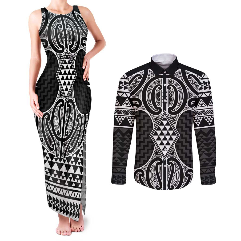 Ma Maori Ta Moko Poutama Art Couples Matching Tank Maxi Dress and Long Sleeve Button Shirt LT9 White - Polynesian Pride