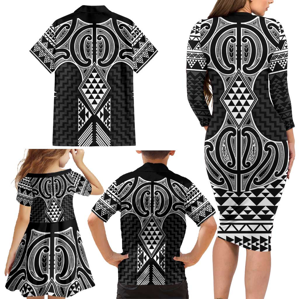 Ma Maori Ta Moko Poutama Art Family Matching Long Sleeve Bodycon Dress and Hawaiian Shirt