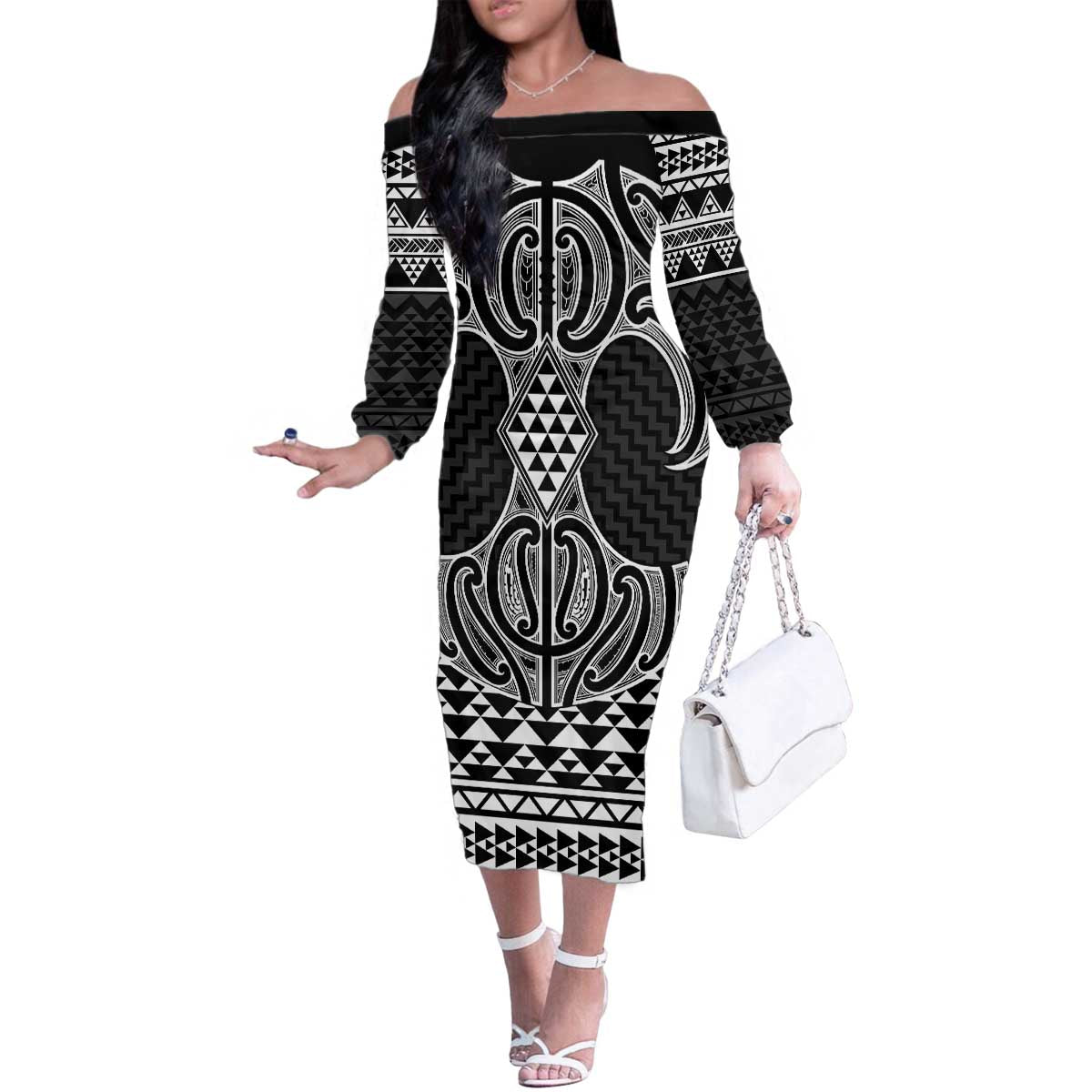 Ma Maori Ta Moko Poutama Art Family Matching Off The Shoulder Long Sleeve Dress and Hawaiian Shirt