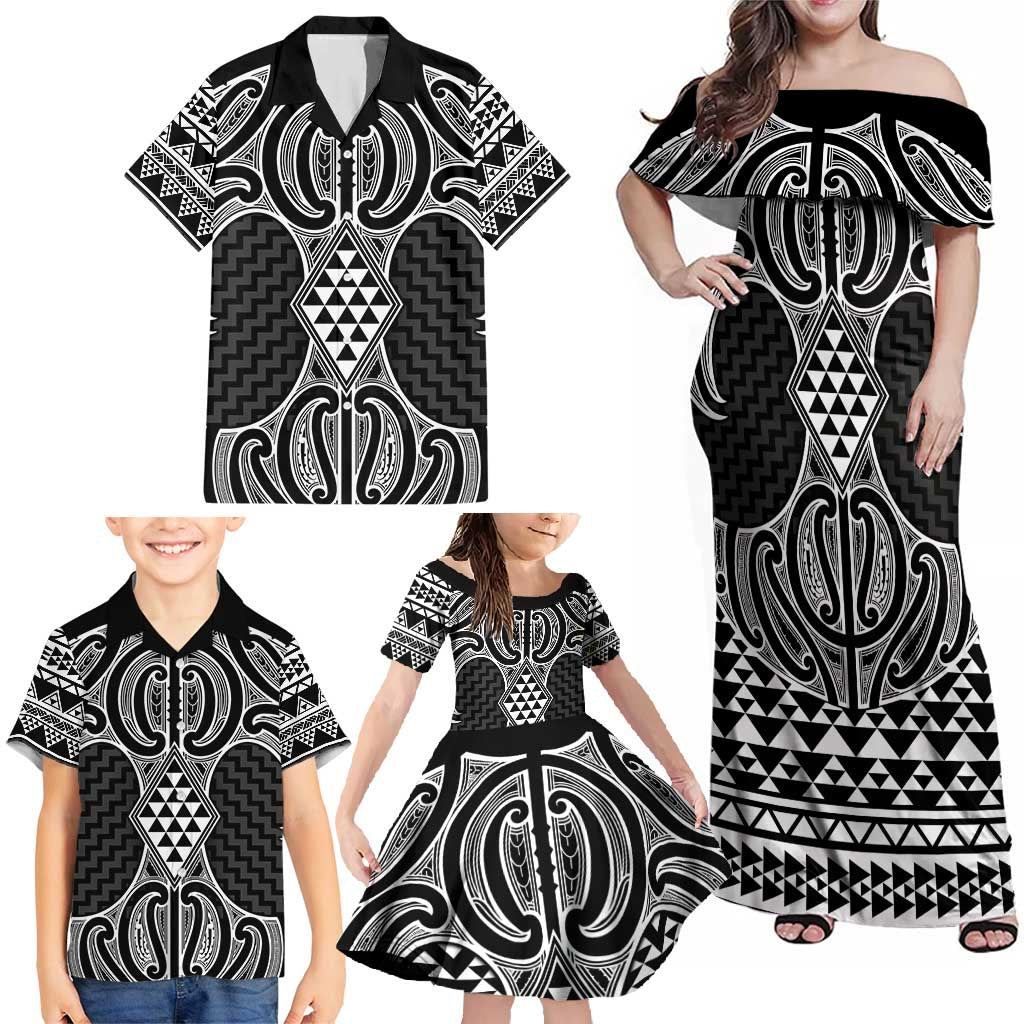 Ma Maori Ta Moko Poutama Art Family Matching Off Shoulder Maxi Dress and Hawaiian Shirt