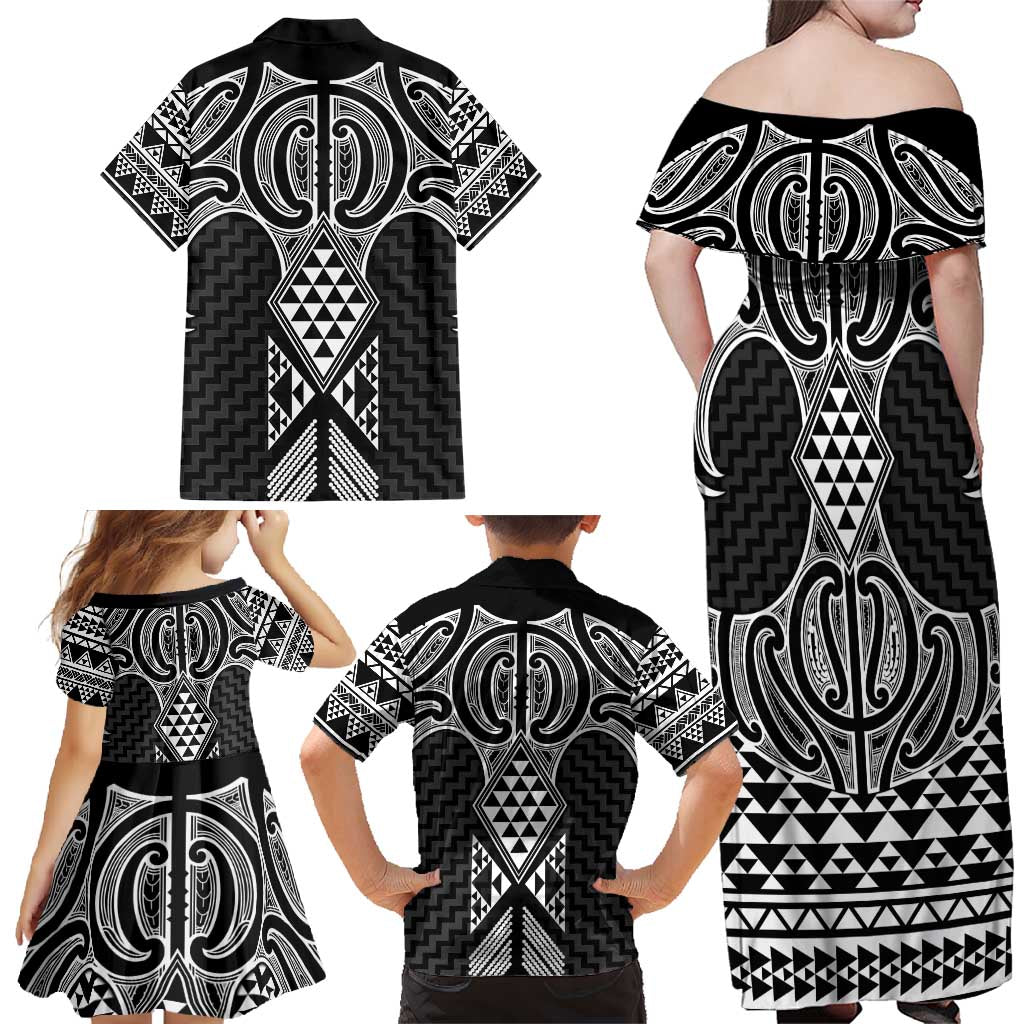 Ma Maori Ta Moko Poutama Art Family Matching Off Shoulder Maxi Dress and Hawaiian Shirt