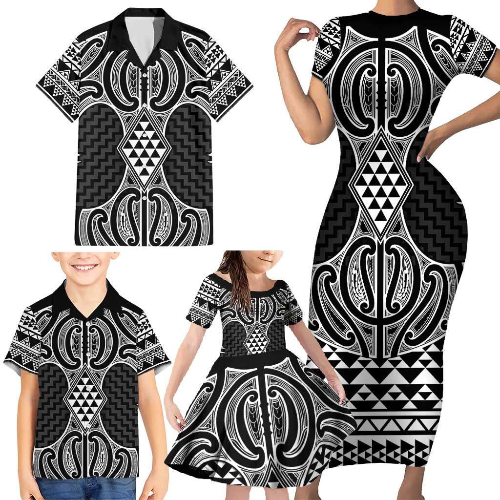 Ma Maori Ta Moko Poutama Art Family Matching Short Sleeve Bodycon Dress and Hawaiian Shirt