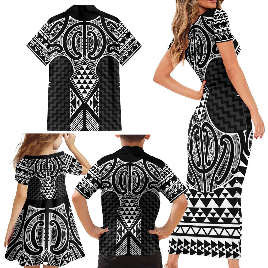 Ma Maori Ta Moko Poutama Art Family Matching Short Sleeve Bodycon Dress and Hawaiian Shirt