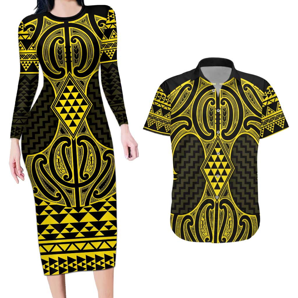 Mahi-dawg Maori Ta Moko Poutama Art Couples Matching Long Sleeve Bodycon Dress and Hawaiian Shirt LT9 Yellow - Polynesian Pride