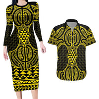 Mahi-dawg Maori Ta Moko Poutama Art Couples Matching Long Sleeve Bodycon Dress and Hawaiian Shirt LT9 Yellow - Polynesian Pride