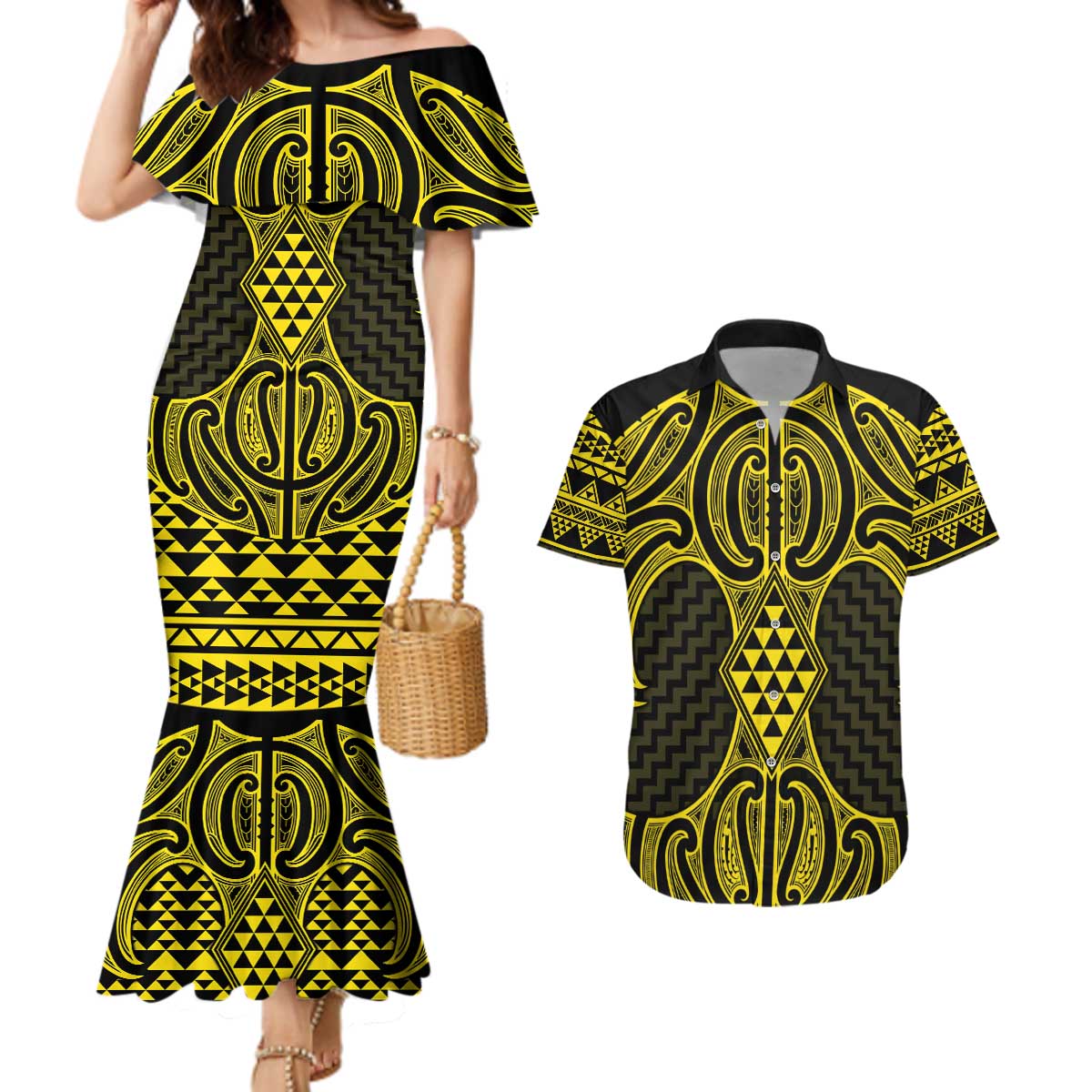 Mahi-dawg Maori Ta Moko Poutama Art Couples Matching Mermaid Dress and Hawaiian Shirt LT9 Yellow - Polynesian Pride