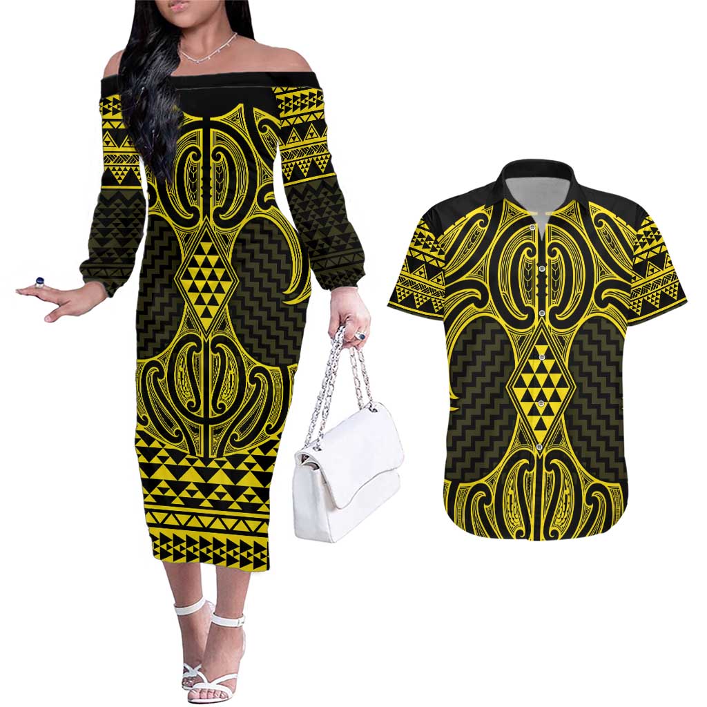 Mahi-dawg Maori Ta Moko Poutama Art Couples Matching Off The Shoulder Long Sleeve Dress and Hawaiian Shirt