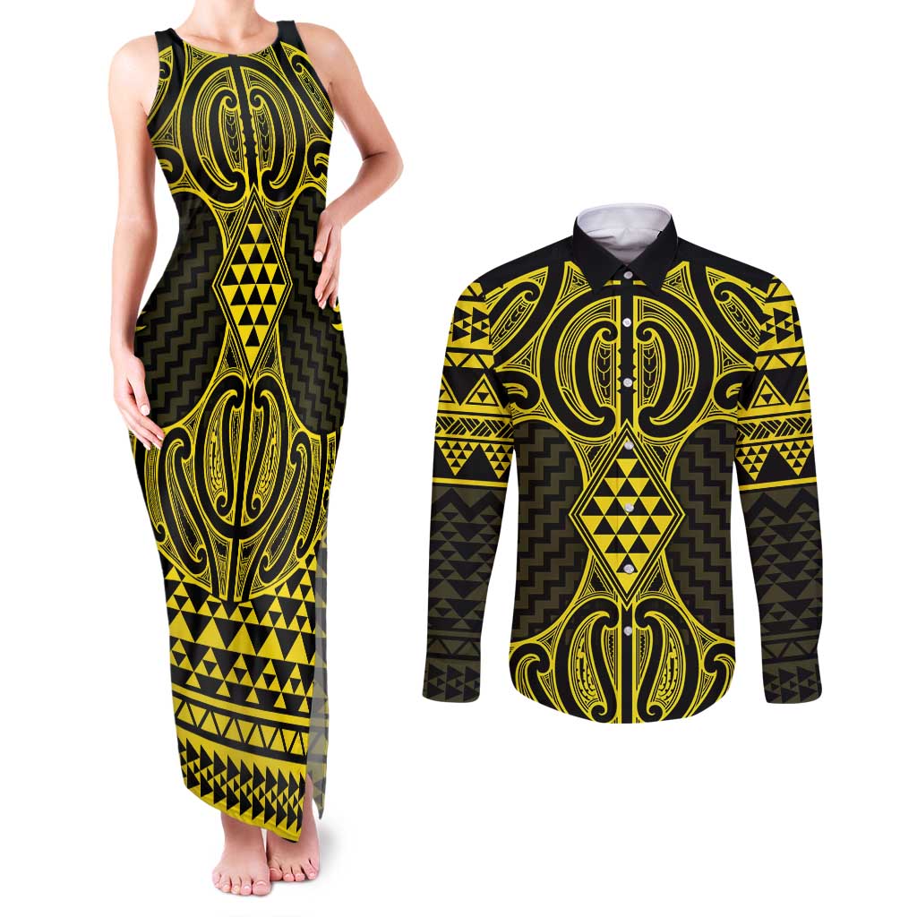 Mahi-dawg Maori Ta Moko Poutama Art Couples Matching Tank Maxi Dress and Long Sleeve Button Shirt LT9 Yellow - Polynesian Pride