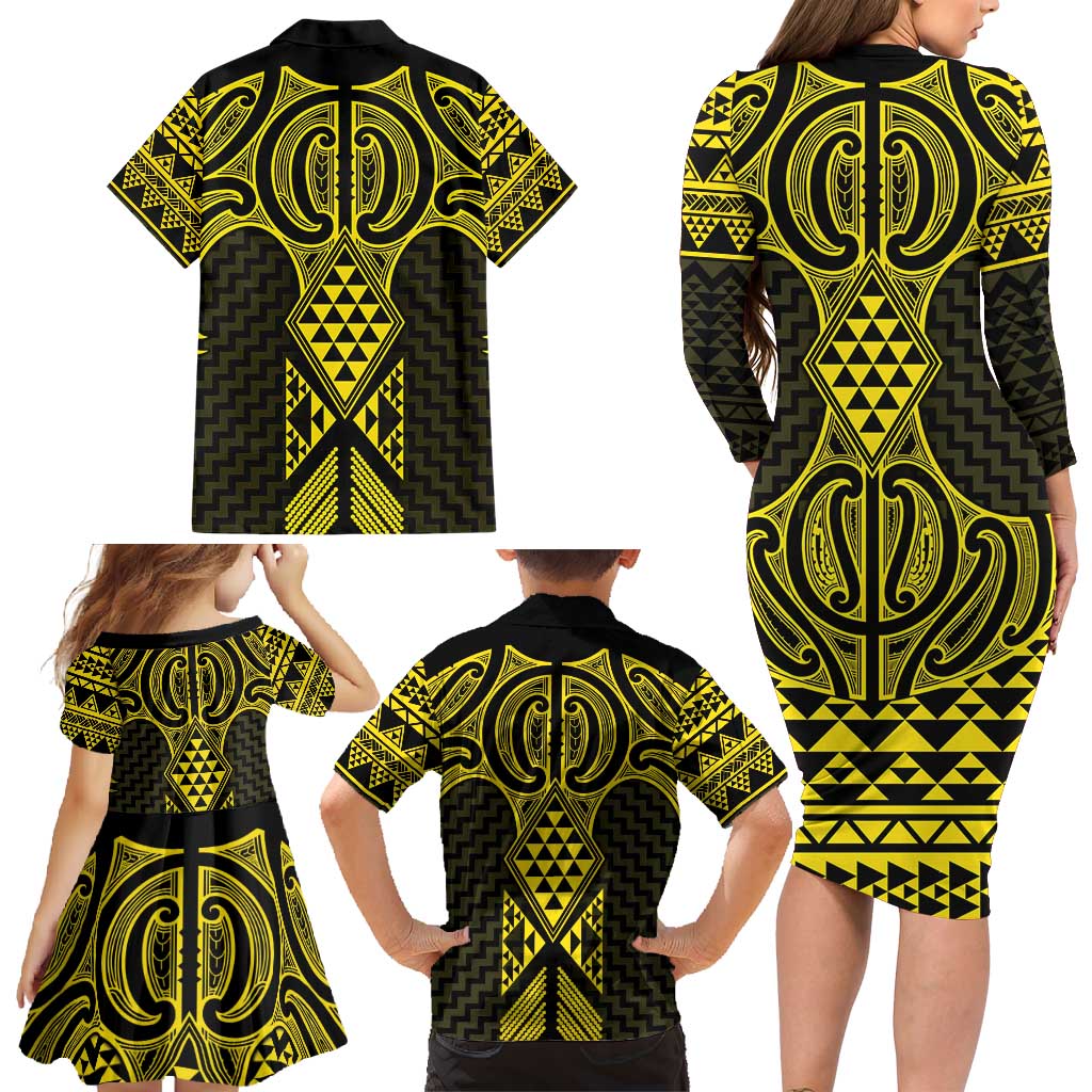 Mahi-dawg Maori Ta Moko Poutama Art Family Matching Long Sleeve Bodycon Dress and Hawaiian Shirt