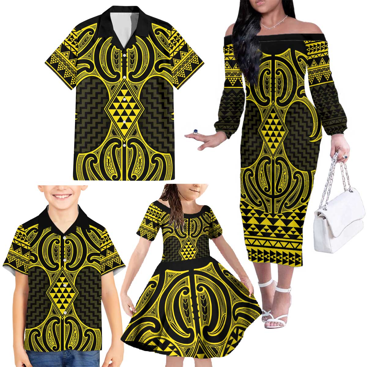 Mahi-dawg Maori Ta Moko Poutama Art Family Matching Off The Shoulder Long Sleeve Dress and Hawaiian Shirt