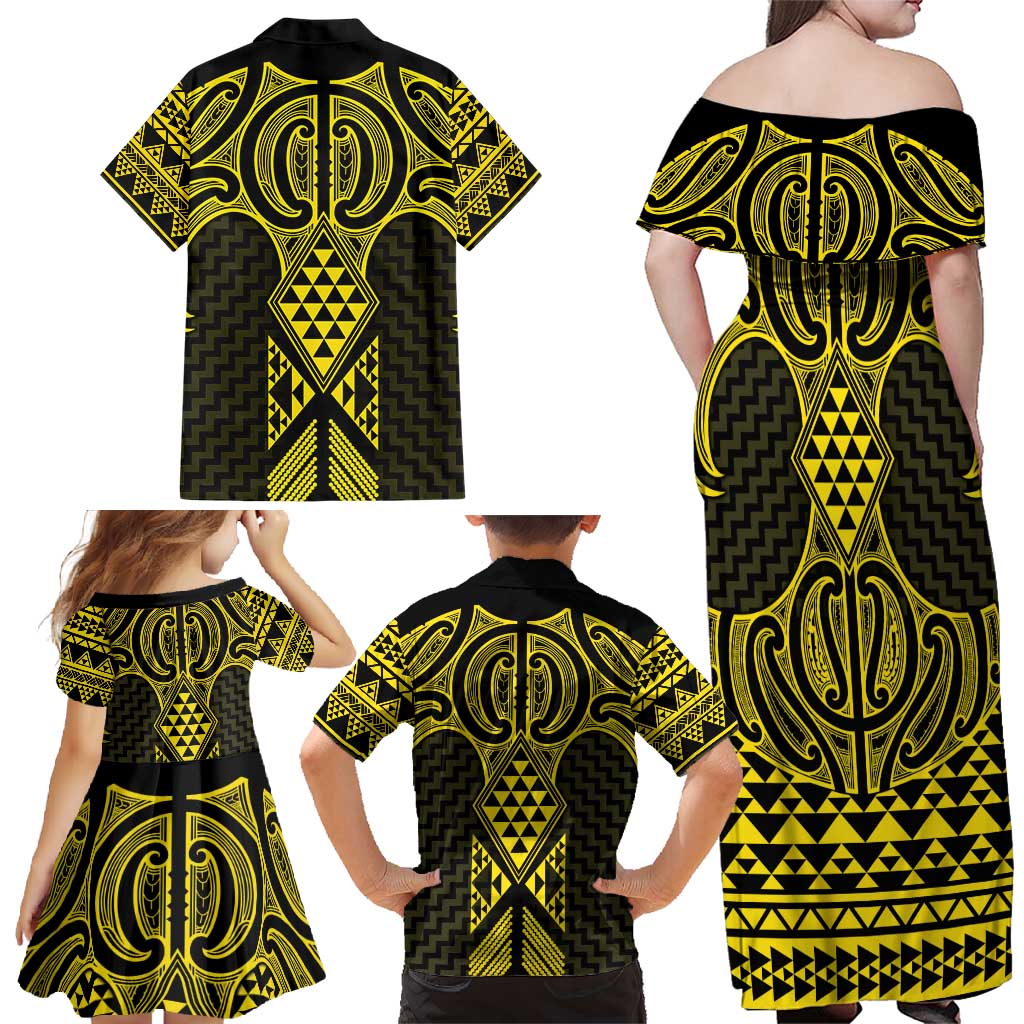 Mahi-dawg Maori Ta Moko Poutama Art Family Matching Off Shoulder Maxi Dress and Hawaiian Shirt