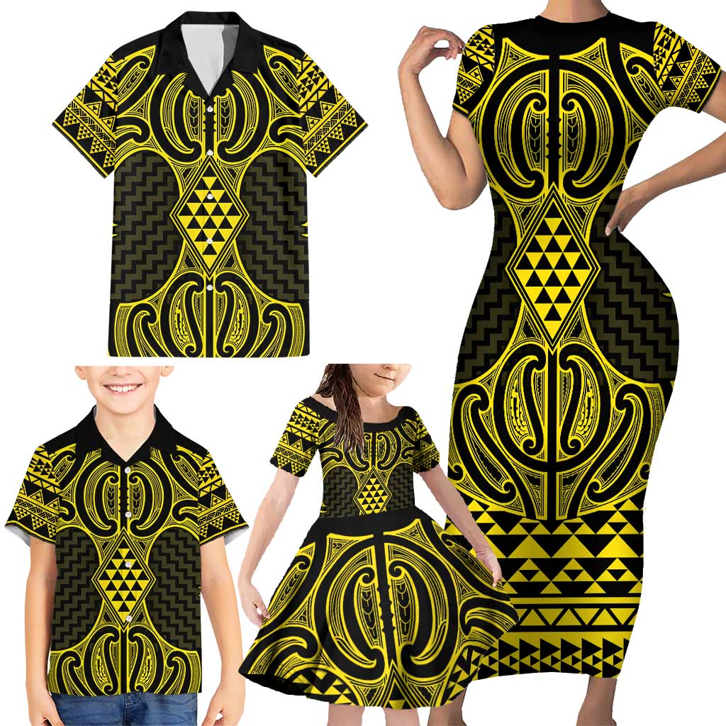 Mahi-dawg Maori Ta Moko Poutama Art Family Matching Short Sleeve Bodycon Dress and Hawaiian Shirt