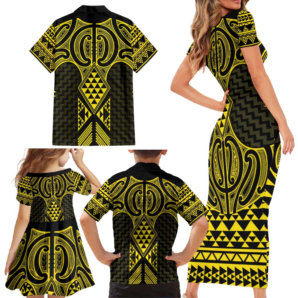 Mahi-dawg Maori Ta Moko Poutama Art Family Matching Short Sleeve Bodycon Dress and Hawaiian Shirt