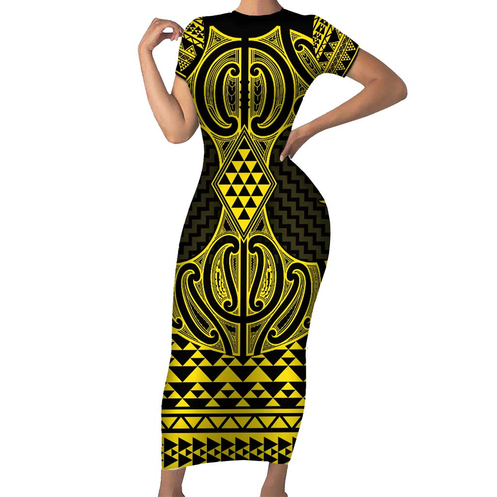 Mahi-dawg Maori Ta Moko Poutama Art Family Matching Short Sleeve Bodycon Dress and Hawaiian Shirt