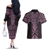 Mawhero Maori Ta Moko Poutama Art Couples Matching Off The Shoulder Long Sleeve Dress and Hawaiian Shirt