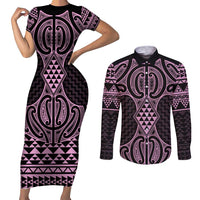 Mawhero Maori Ta Moko Poutama Art Couples Matching Short Sleeve Bodycon Dress and Long Sleeve Button Shirt