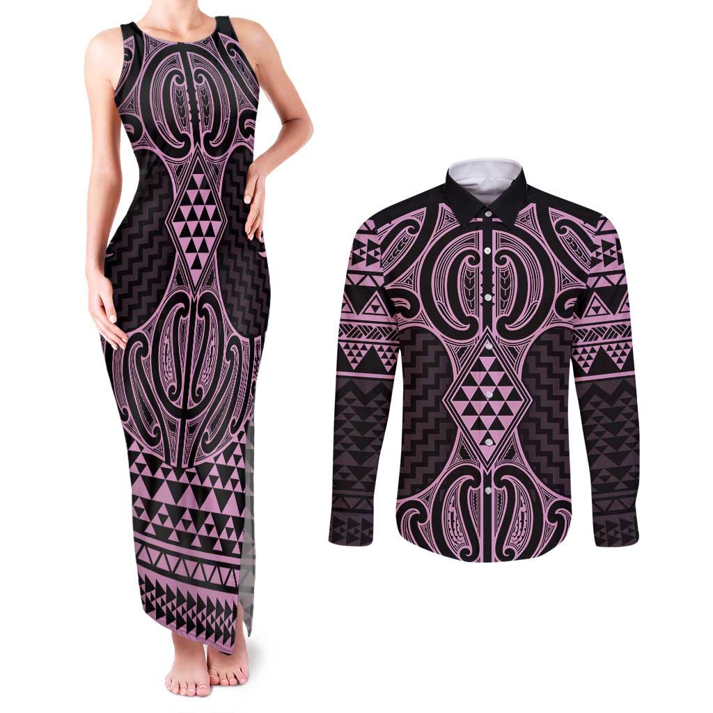 Mawhero Maori Ta Moko Poutama Art Couples Matching Tank Maxi Dress and Long Sleeve Button Shirt LT9 Pink - Polynesian Pride