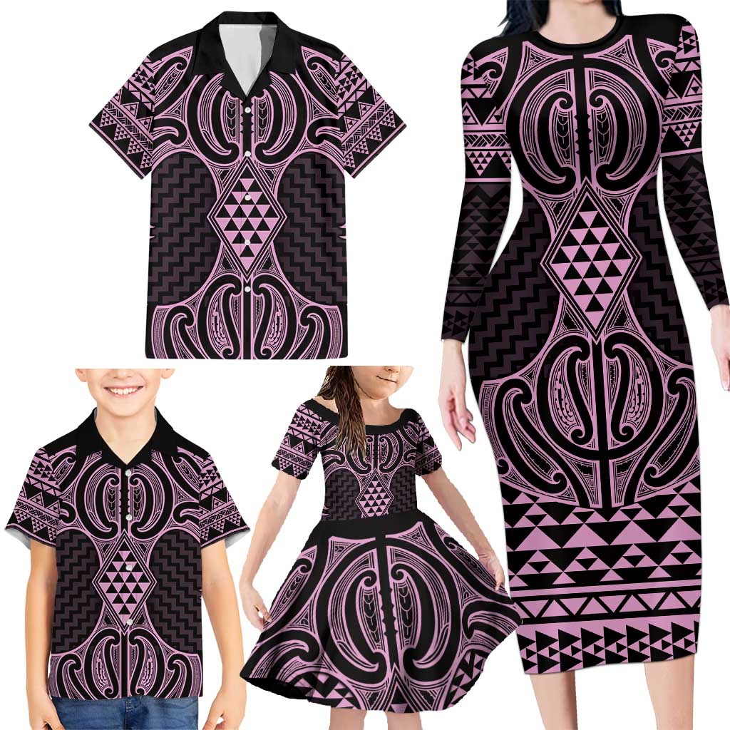 Mawhero Maori Ta Moko Poutama Art Family Matching Long Sleeve Bodycon Dress and Hawaiian Shirt