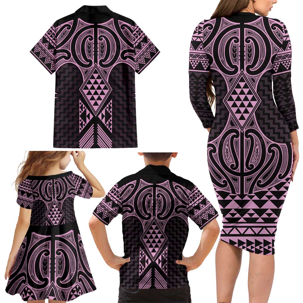 Mawhero Maori Ta Moko Poutama Art Family Matching Long Sleeve Bodycon Dress and Hawaiian Shirt