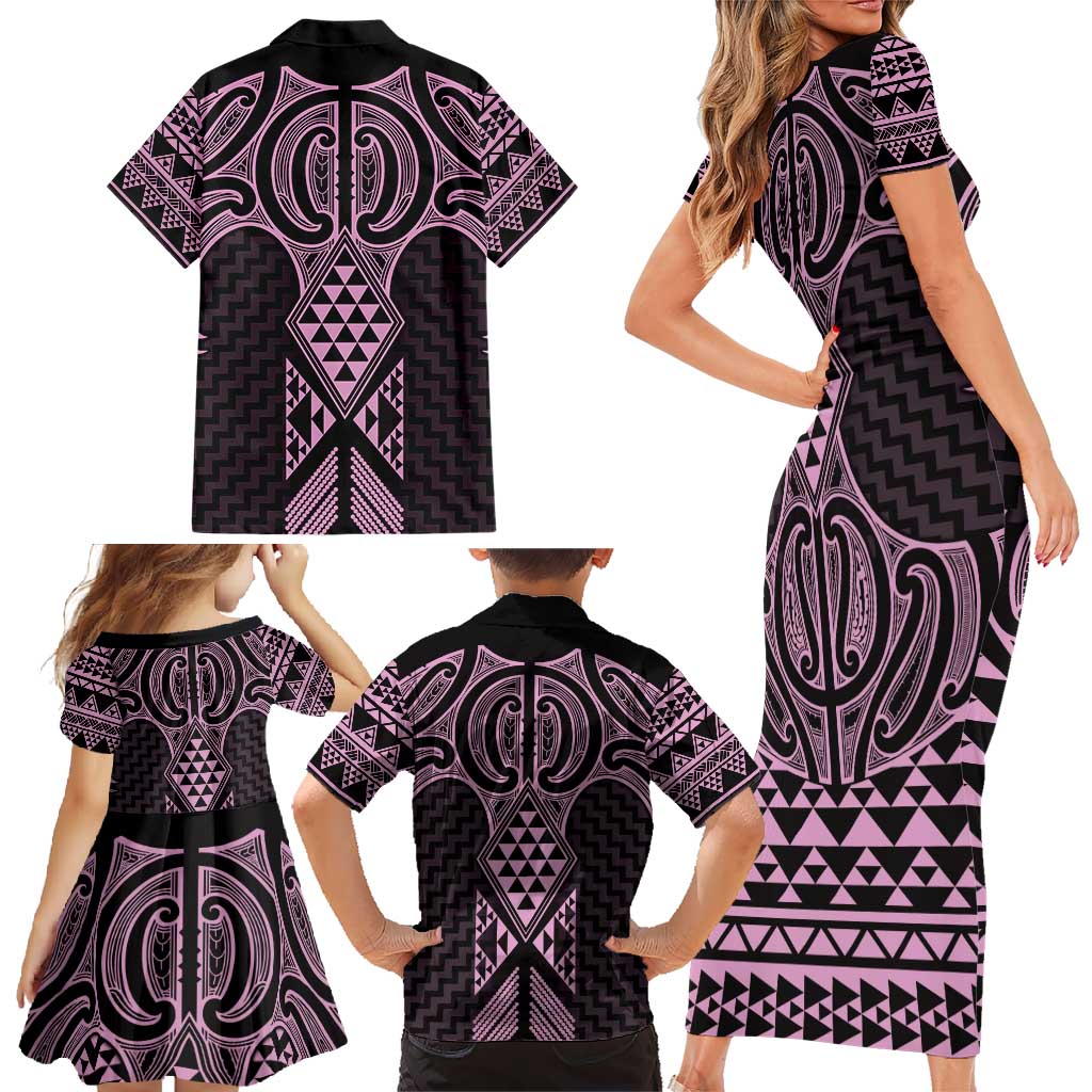Mawhero Maori Ta Moko Poutama Art Family Matching Short Sleeve Bodycon Dress and Hawaiian Shirt