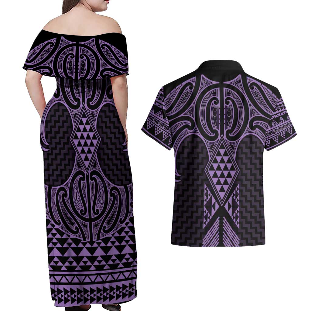 Waiporoporo Maori Ta Moko Poutama Art Couples Matching Off Shoulder Maxi Dress and Hawaiian Shirt
