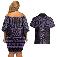 Waiporoporo Maori Ta Moko Poutama Art Couples Matching Off Shoulder Short Dress and Hawaiian Shirt