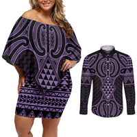 Waiporoporo Maori Ta Moko Poutama Art Couples Matching Off Shoulder Short Dress and Long Sleeve Button Shirt