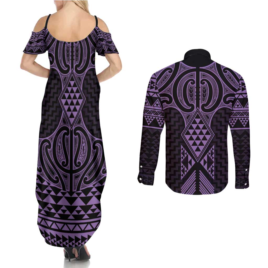 Waiporoporo Maori Ta Moko Poutama Art Couples Matching Summer Maxi Dress and Long Sleeve Button Shirt